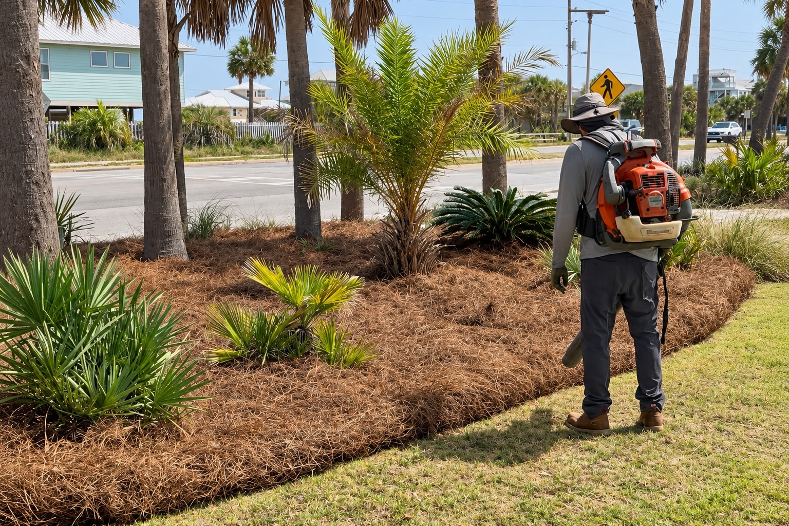 Pine straw installation on a residential property in Northwest Florida