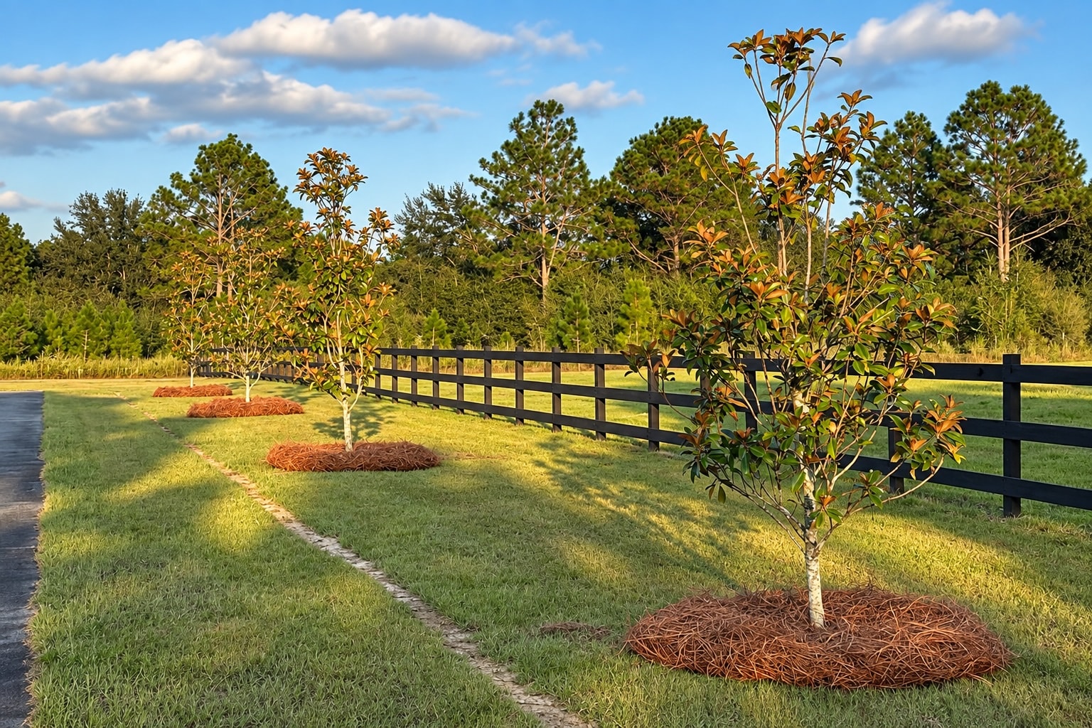 Longleaf pine straw in landscaping beds around trees