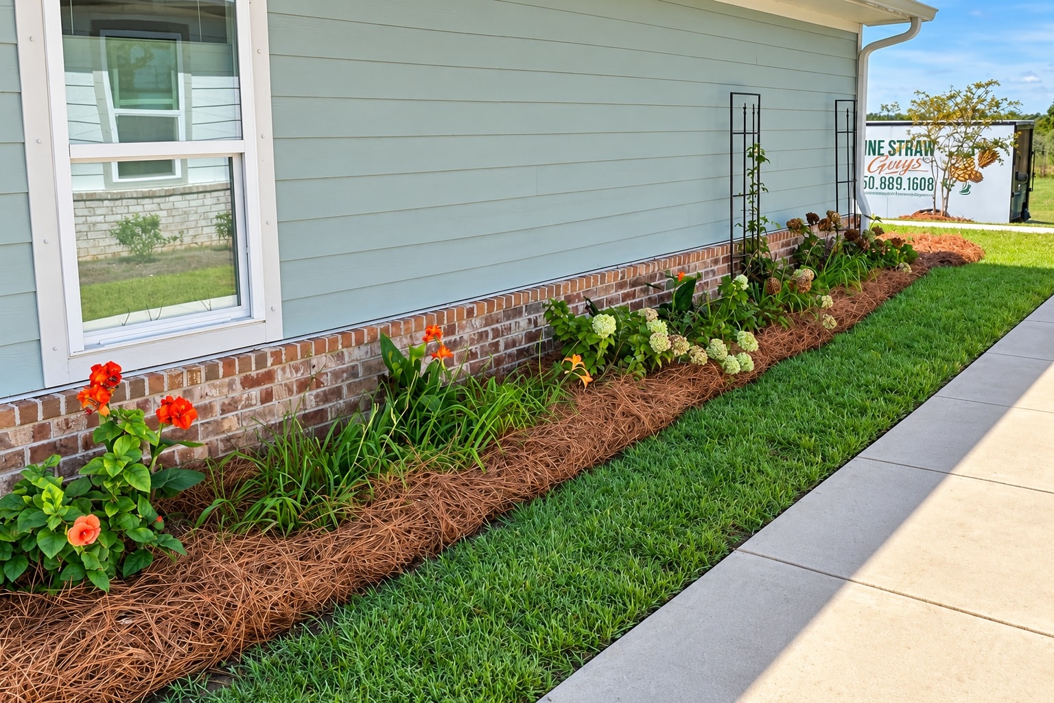 Longleaf pine straw in landscaping beds